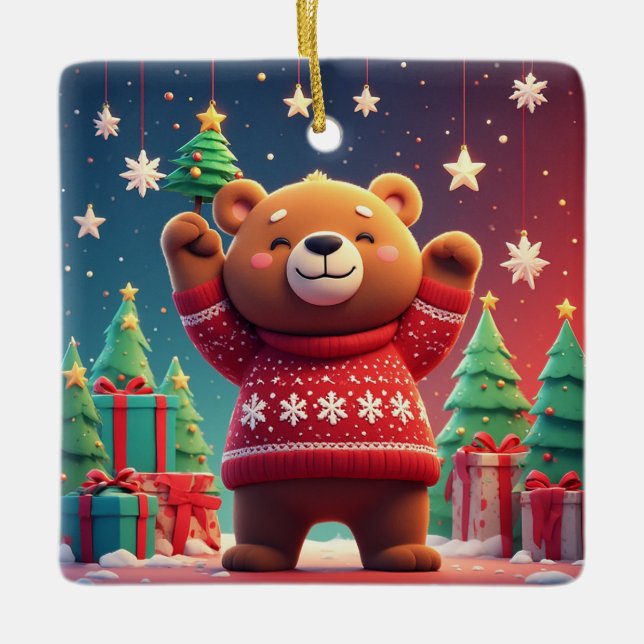 Cute Bear In Christmas Sweater Ceramic Ornament (Front)