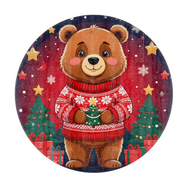 Cute Bear In Christmas Sweater Cutting Board (Front)