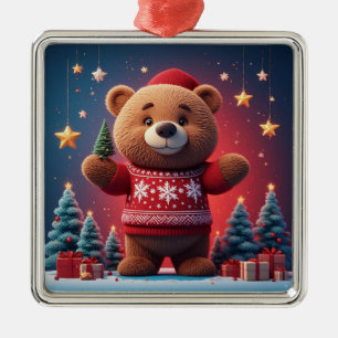 Cute Bear In Christmas Sweater Metal Ornament