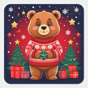 Cute Bear In Christmas Sweater Square Sticker