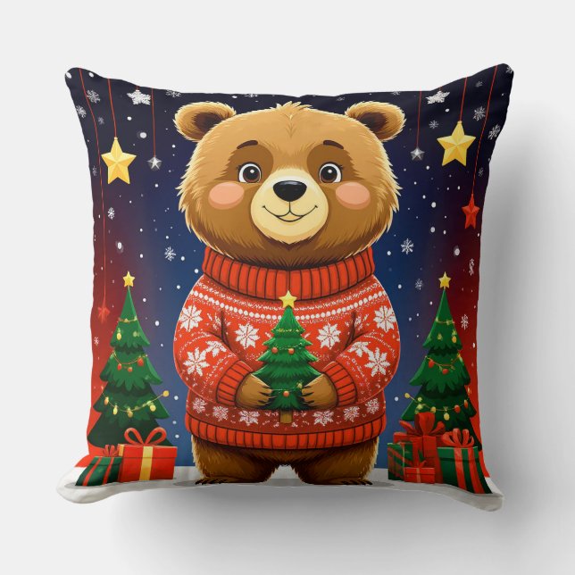 Cute Bear In Christmas Sweater Throw Pillow (Front)