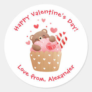 Cute Bear in Cupcake Custom Kids Valentine's Day Classic Round Sticker