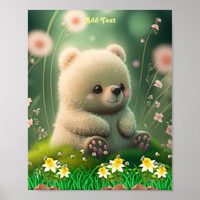 Cute Bear in Garden Honey Bee Custom Wall Art (Front)