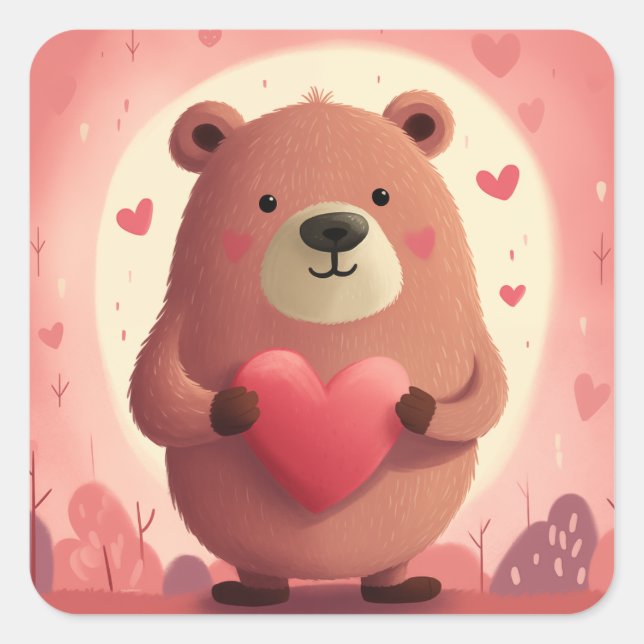 Cute Bear in Love Square Sticker (Front)