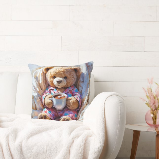 Cute Bear in Pyjamas Holding Hot Cocoa Throw Pillow (Couch)