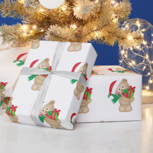 Cute Bear in Red Santa Hat Kids Christmas Wrapping Paper