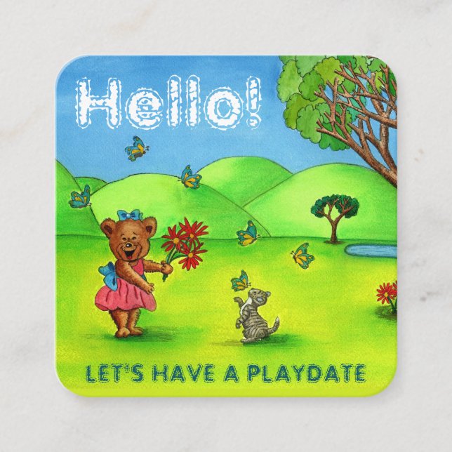 Cute Bear & Kitty Mommy Playdate Calling Card (Front)