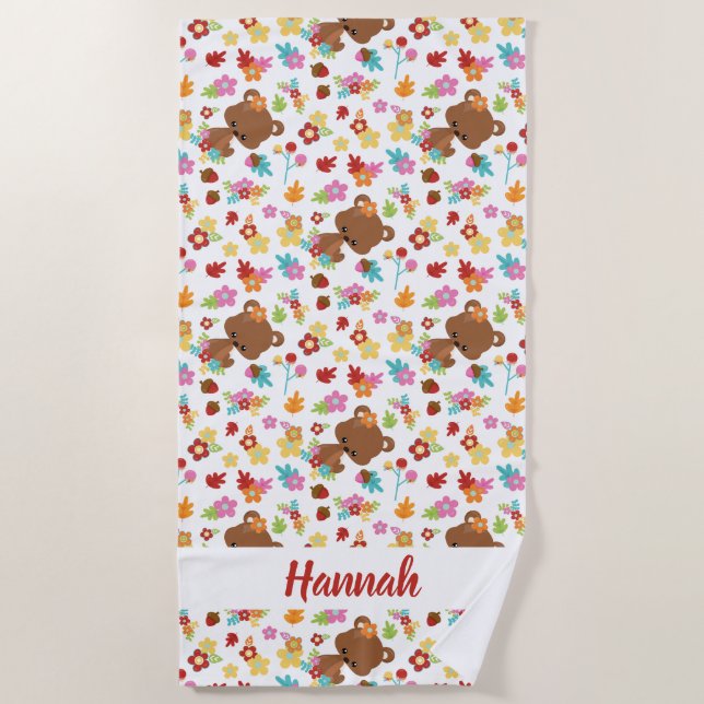 Cute Bear & leaves Little Girl Personalized Name Beach Towel (Front)