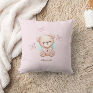 Cute Bear Monogram Name Pink Throw Pillow