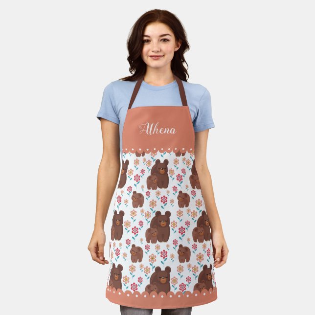 Cute bear mother with baby and flowers borders apron (Worn)