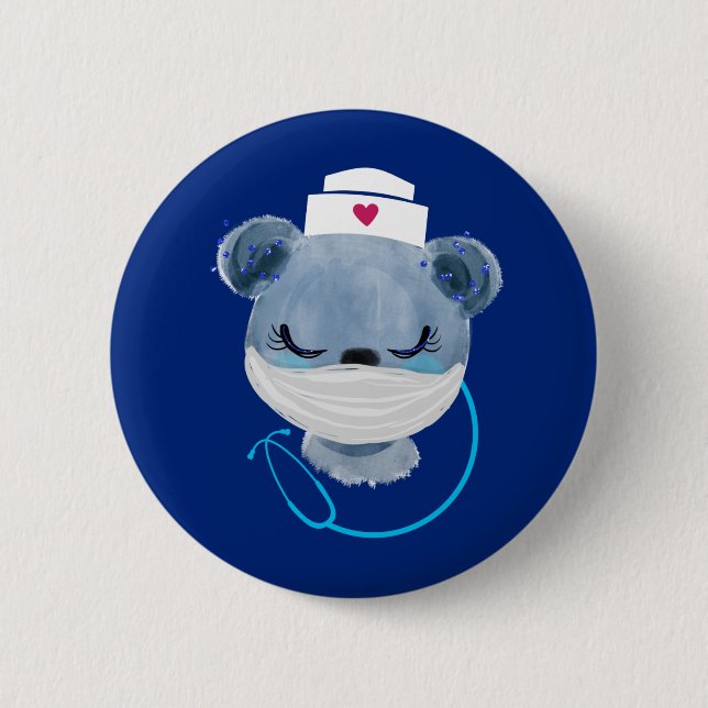 Cute Bear Nurse Wearing a Medical Mask 2 Inch Round Button (Front)