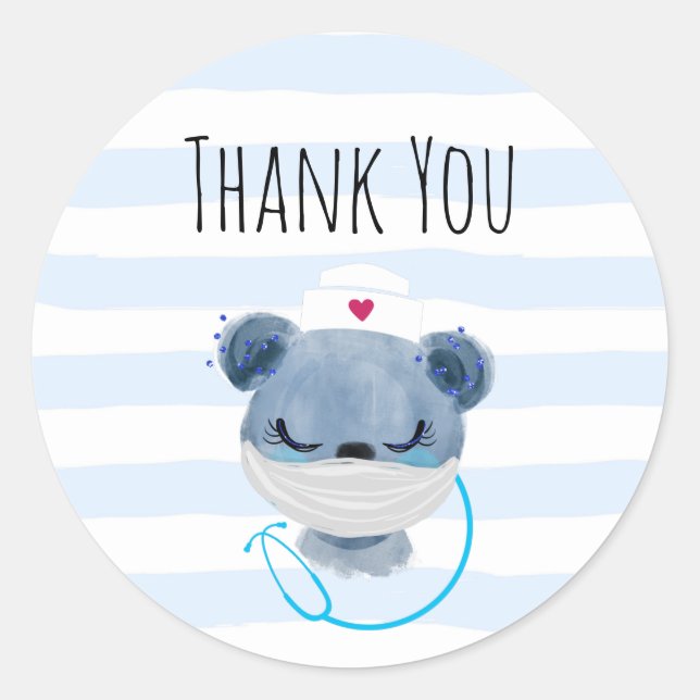 Cute Bear Nurse Wearing a Medical Mask Thank You Classic Round Sticker (Front)