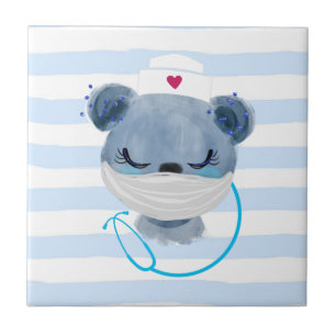 Cute Bear Nurse Wearing a Medical Mask Tile