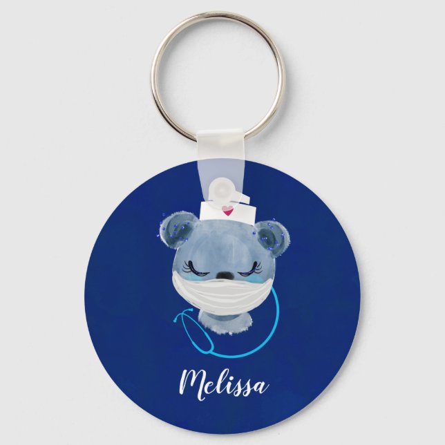 Cute Bear Nurse wearing a Protective Mask Keychain (Front)