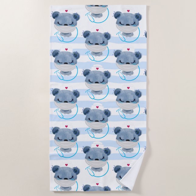 Cute Bear Nurse wearing a Protective Mask Pattern Beach Towel (Front)