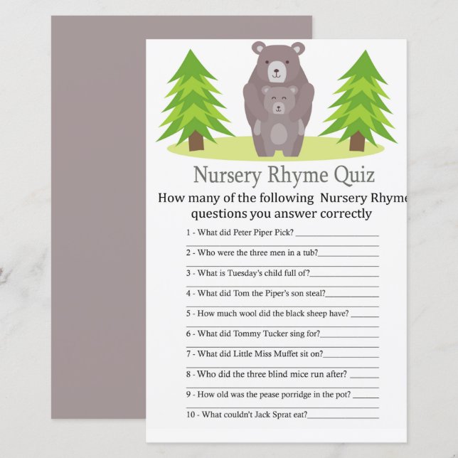 Cute Bear Nursery Rhyme Quiz baby shower game (Front/Back)