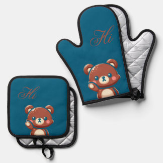 Cute Bear Oven Mitt and Pot Holder Set – Teal Blue