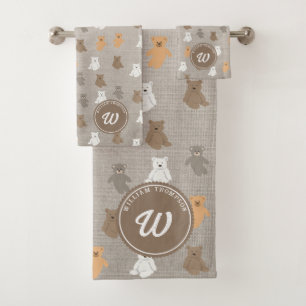 Cute Bear Pattern Initial Monogram Bath Towel Set