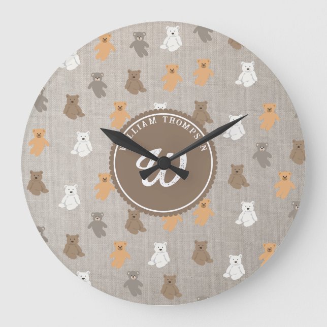 Cute Bear Pattern Initial Monogram Large Clock (Front)