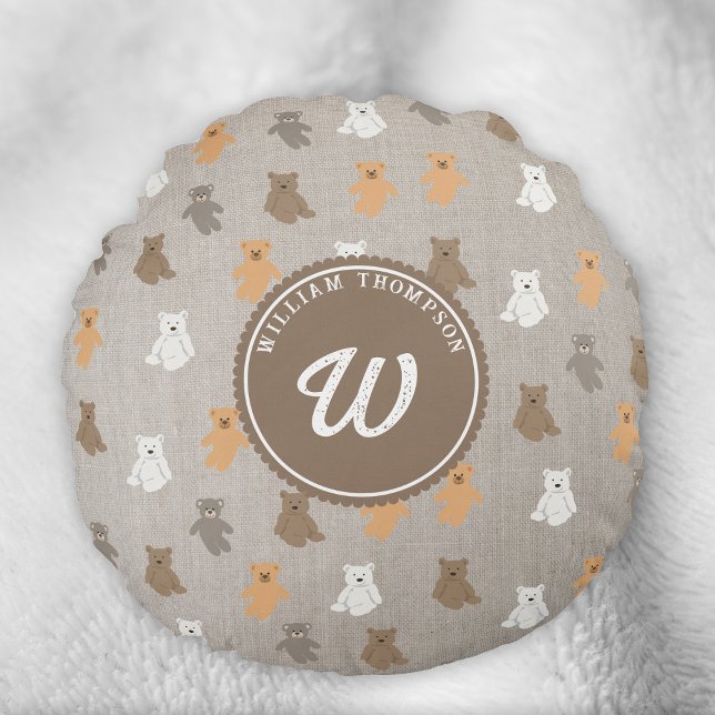 Cute Bear Pattern Initial Monogram Round Pillow (Cute Bear Pattern Initial Monogram Round Pillow)