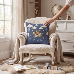 Cute Bear Pilot Flying Airplane Clouds Stars Blue Throw Pillow