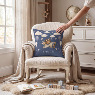 Cute Bear Pilot Flying Airplane Clouds Stars Blue Throw Pillow