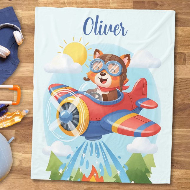 Cute Bear Pilot in Firefighting Airplane Fleece Blanket (Creator Uploaded)