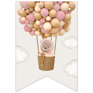 Cute Bear, Pink Balloons, First Birthday Bunting Flags