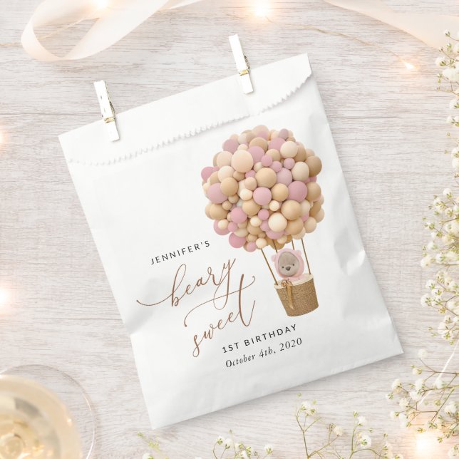 Cute Bear, Pink Balloons, First Birthday Favour Bag (Clipped)
