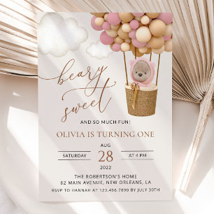 Cute Bear, Pink Balloons, First Birthday Invitation