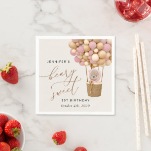 Cute Bear, Pink Balloons, First Birthday Napkin