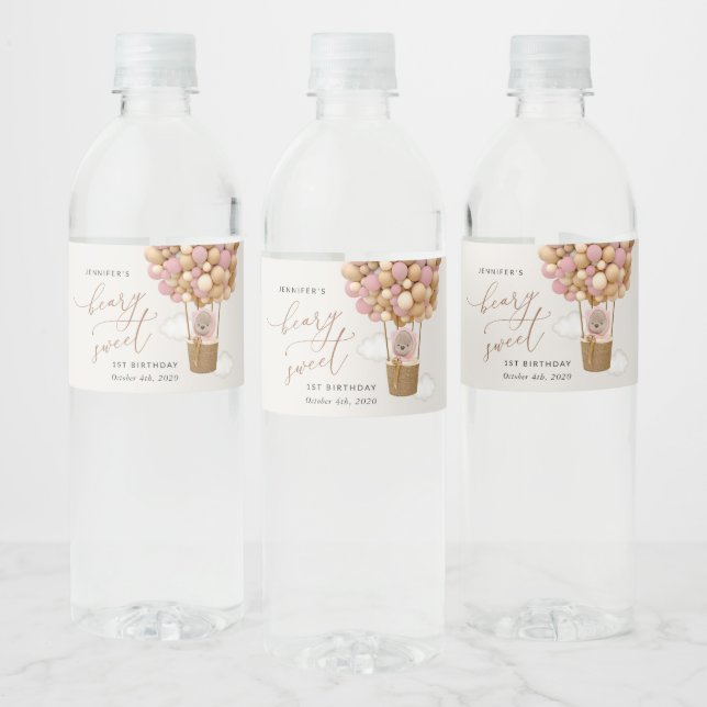 Cute Bear, Pink Balloons, First Birthday Water Bottle Label (Bottles)