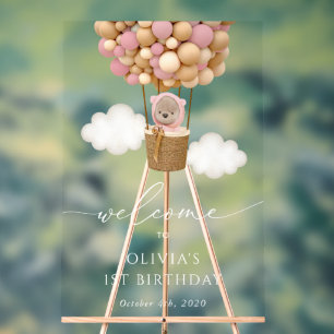 Cute Bear, Pink Balloons, First Birthday Welcome Acrylic Sign