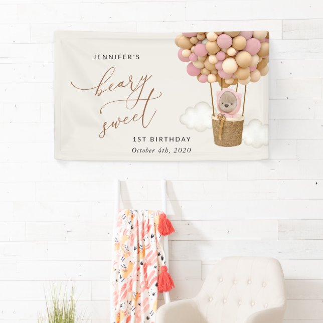 Cute Bear, Pink Balloons, First Birthday Welcome Banner (Insitu)