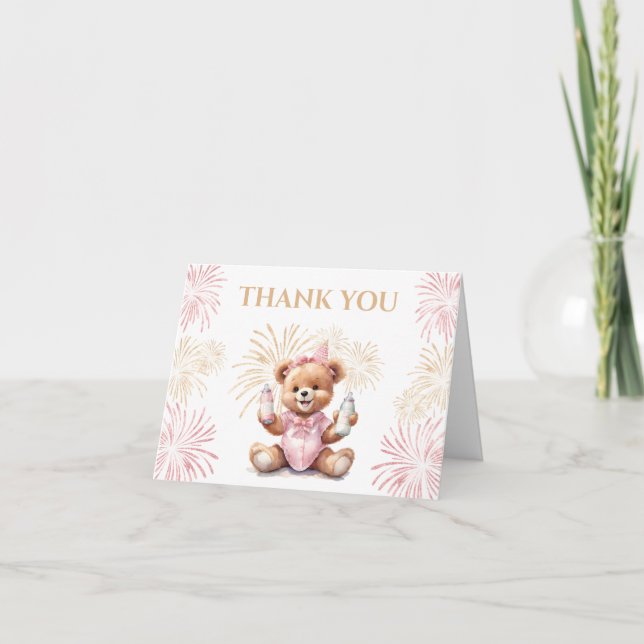 Cute Bear Pink New Year Girl Baby Shower Thank You Card (Front)