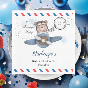 Cute Bear Plane Adventure Begins Boy Baby Shower Napkin