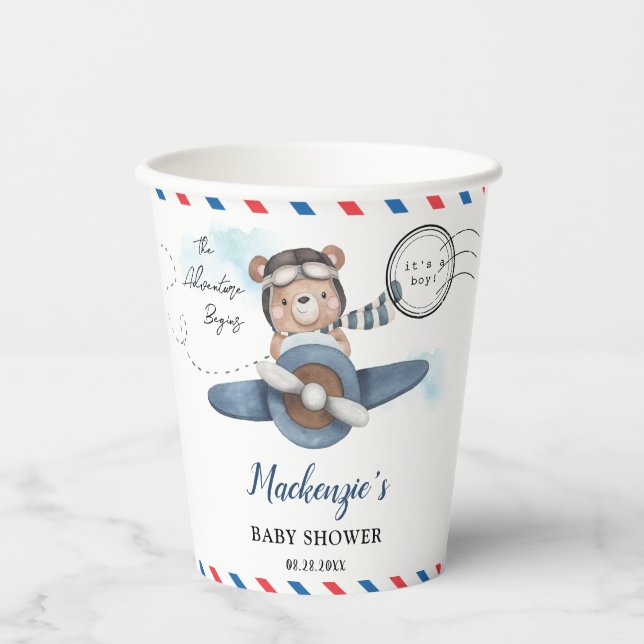 Cute Bear Plane Adventure Begins Boy Baby Shower  Paper Cups (Front)