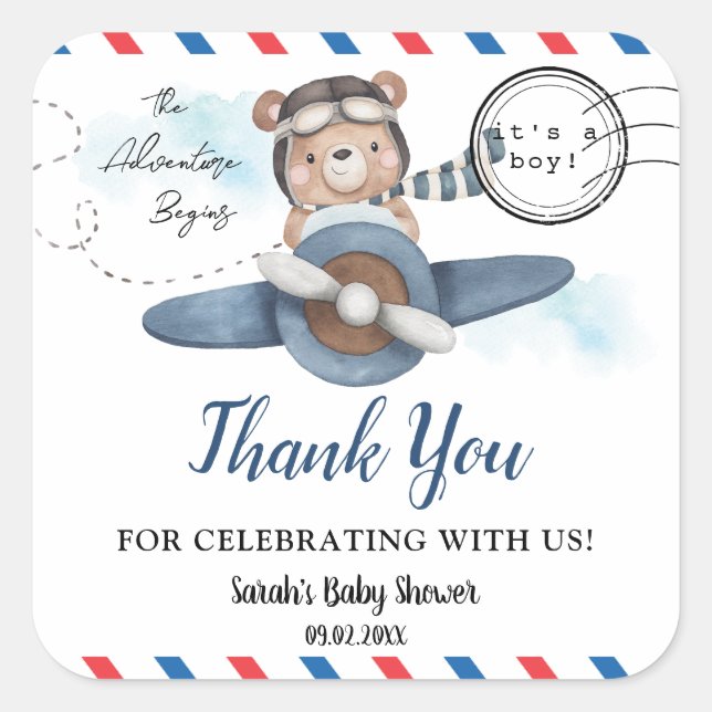 Cute Bear Plane Adventure Begins Boy Baby Shower  Square Sticker (Front)