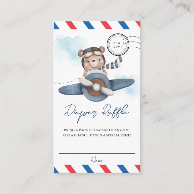 Cute Bear Plane Adventure Begins Diaper Raffle Enclosure Card (Front)
