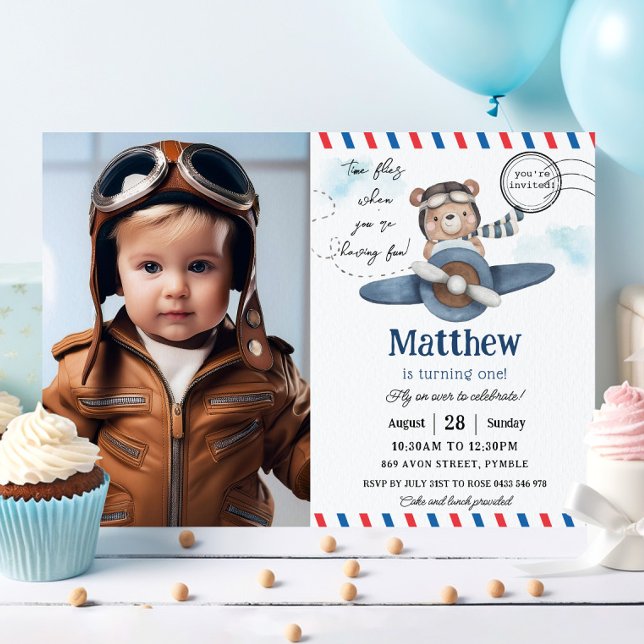 Cute Bear Plane Time Flies One 1st Birthday Photo Invitation (teddy bear riding a blue plane adventure time flies turning one 1st birthday picture invitation  )