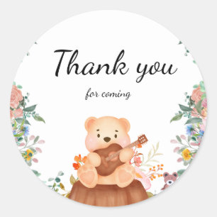 Cute Bear play guitar floral flower birthday Classic Round Sticker