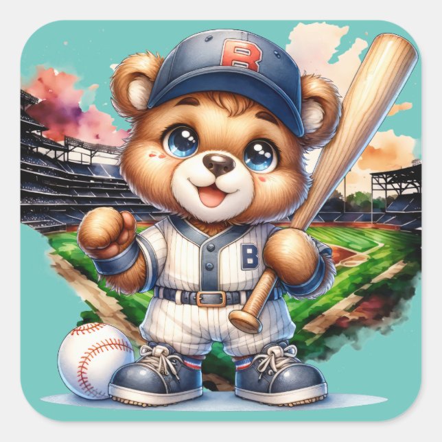 Cute bear playing baseball square sticker (Front)