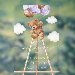 Cute Bear, Purple Balloons, First Birthday Welcome Acrylic Sign
