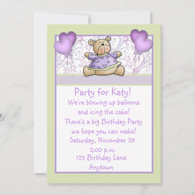 Cute Bear Purple Birthday Invitation (Front)