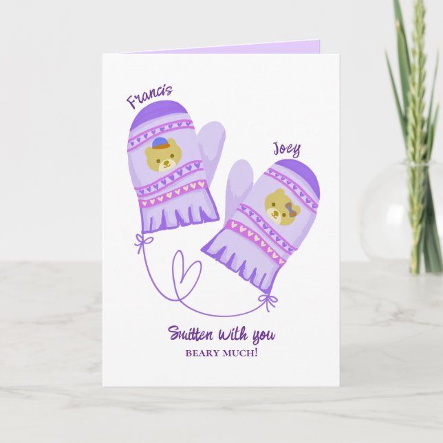 Cute Bear Purple Mittens Custom Valentine’s Day  Holiday Card (Front)