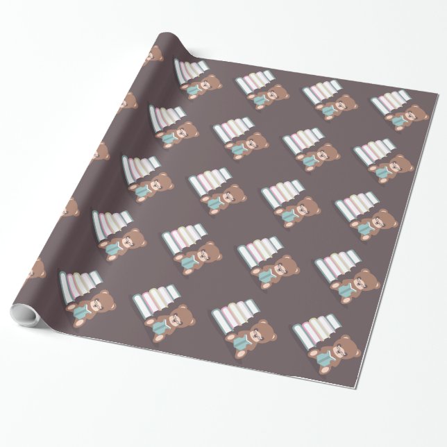 Cute Bear Reading a Book Gift Wrapping Paper (Unrolled)