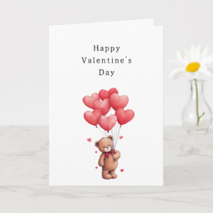 Cute Bear Red Heart Balloons Valentine's Day Card