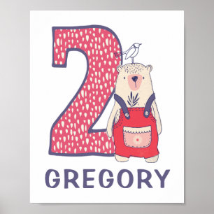 Cute bear second birthday with name  poster