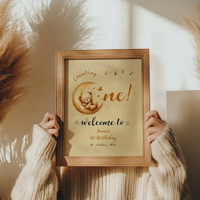 Cute Bear Sleep On The Moon 1st Birthday Welcome Poster (Creator Uploaded)