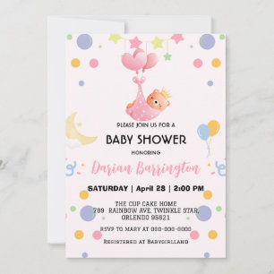 Cute bear star balloon baby shower party boys invitation